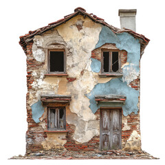 weathered house with peeling paint and crumbling walls, showcasing rustic charm and sense of...