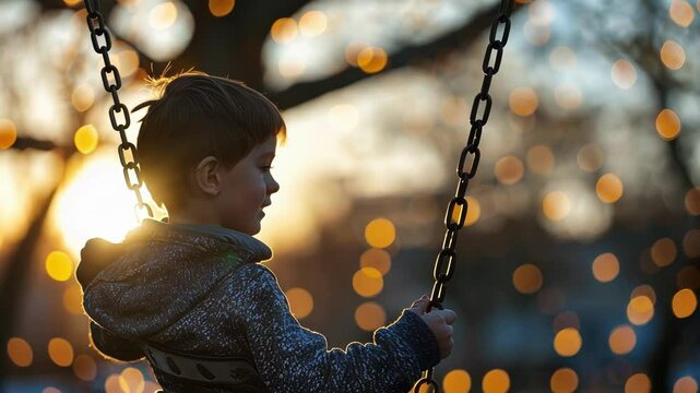 A boy swings on a swing set with illustrations of the different types of interactions between leptons and other particles.