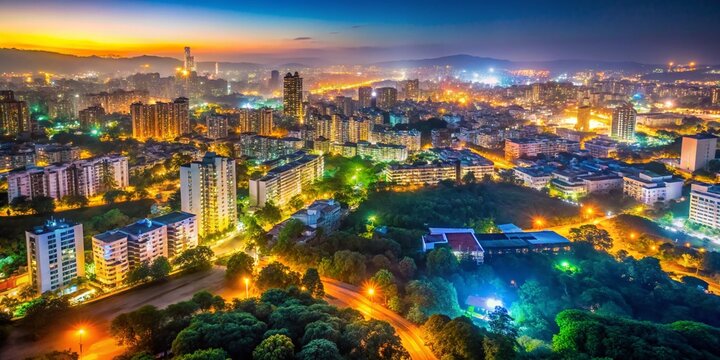 Aerial Night View of Pune City Skyline Illuminated by Skyscrapers and Modern Architecture Amidst Hazy Smog and Lush Greenery in Maharashtra, India