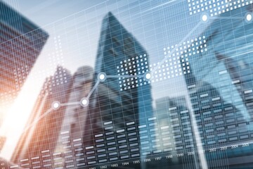 Skyscrapers with financial charts, real estate trends