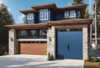 elegant luxury blue new concept window estate car story design beautiful lifestyle stylish garage decoration housing real residence property residential light wooden high construction house wall 