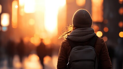 Woman gazing at a sunset in a bustling city