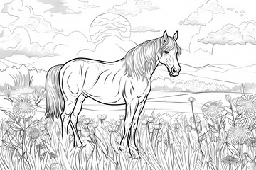 A majestic horse standing gracefully in a field of flowers, surrounded by a serene landscape with clouds and a distant sunset.