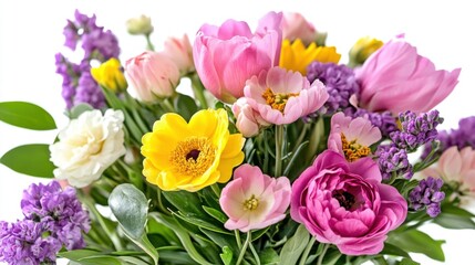 Obraz premium Elegant bouquet of colorful spring flowers, with pastel tones of pink,