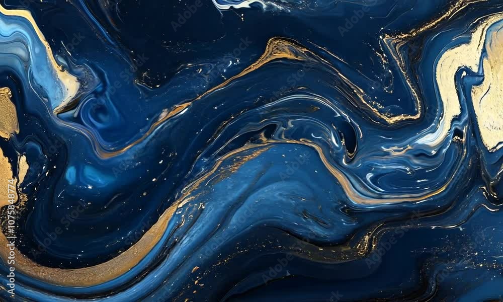 Poster opulent blue and gold abstract fluid art with rich marble swirl patterns : generative ai