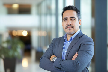 Latin-American businessman, arms crossed, standing inside modern office.