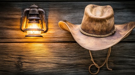 A rustic scene featuring a lantern and cowboy hat against a wooden background.