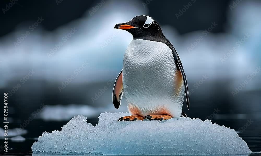 Aufkleber Gentoo Penguin Standing on Iceberg Amidst Ocean with Soft Focus on Background Icebergs : Generative AI