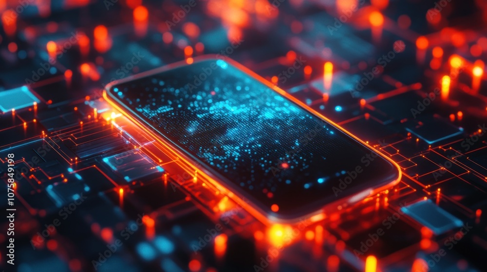 Aufkleber close-up of a smartphone with a microcircuit on the background. 3d rendering - generated ai