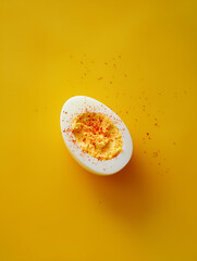 Artistic shot of a single deviled egg, detailed filling texture, paprika sprinkle