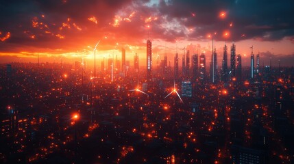 Fototapeta premium Futuristic cityscape at sunset with glowing lights and skyscrapers.