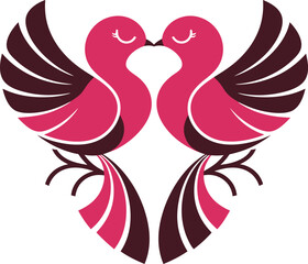 Elegant vector illustration of two stylized lovebirds kissing, featuring pink and maroon colors in a heart-like design. Perfect for love and romantic themes
