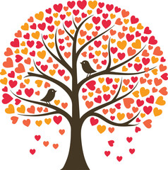 Charming vector illustration of a tree filled with colorful heart-shaped leaves and birds perched on branches, ideal for love and nature-themed designs