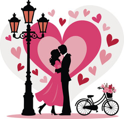 Vector illustration of a romantic couple embracing under a lamppost with a heart background and a bicycle adorned with flowers. Perfect for love and romance themes