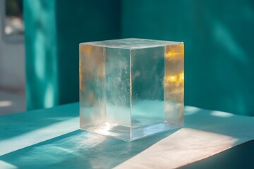 A glass cube refracts light on a turquoise surface.