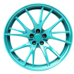 Obraz premium vibrant turquoise alloy wheel featuring modern design with multiple spokes, perfect for enhancing look of any vehicle. Its glossy finish adds touch of elegance and style
