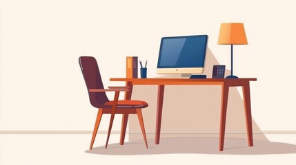 Flat vector illustration of an empty work desk with a desktop computer