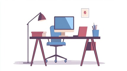 Fototapeta premium Flat vector office setup with a modern work desk, desktop computer,