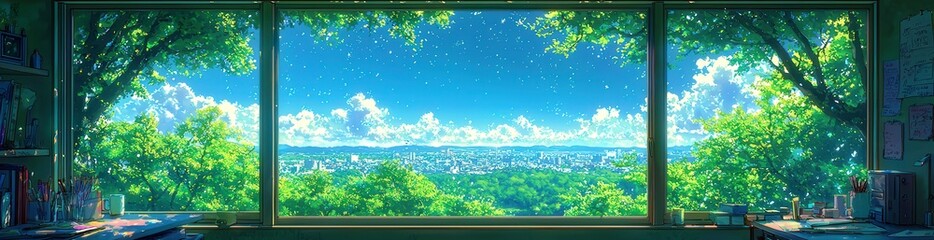 Serene Landscape View Through a Bright Window Framed by Lush Greenery and Vibrant Blue Sky, Evoking a Sense of Peace and Tranquility in a Modern Setting