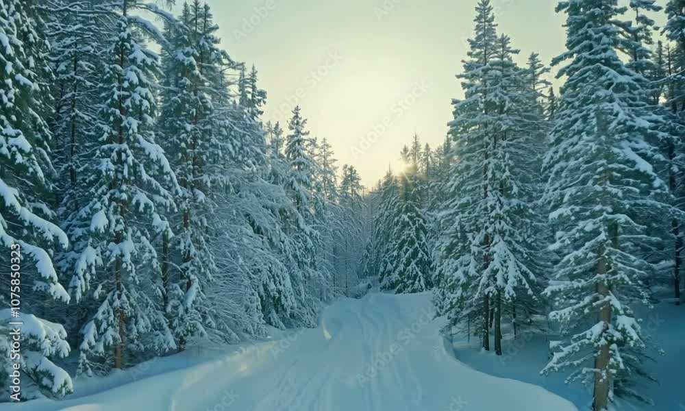Poster winter forest pathway with trees covered in fresh snow at sunrise : generative ai