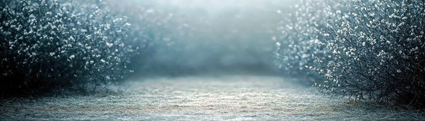 Ethereal Pathway Through Misty Landscape Surrounded by Frosty Trees and Lush Greenery, Invoking Serenity and Natural Beauty in a Tranquil Setting