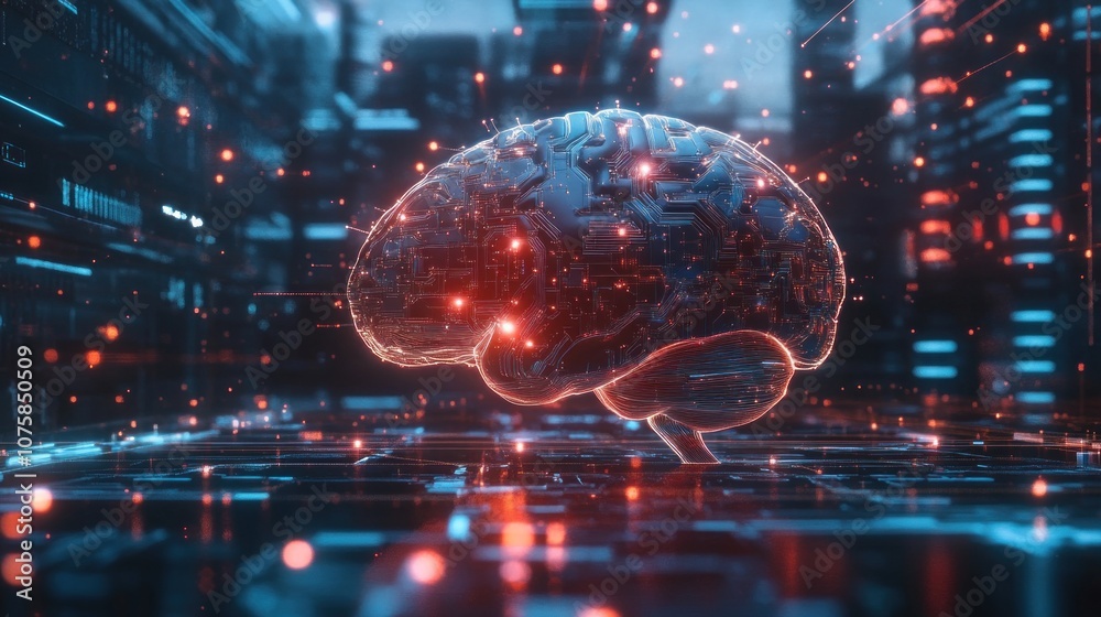 Poster 3d rendering of human brain on server background. artificial intelligence concept - generated ai