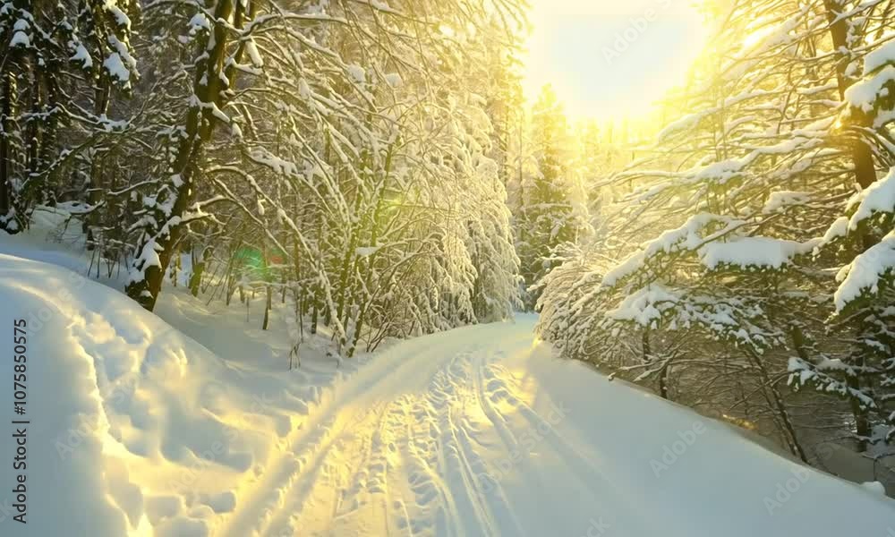 Poster sunlit snowy forest pathway through trees in winter wonderland setting : generative ai