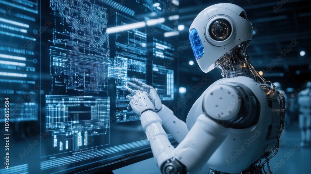 Poster 3d rendering robot hand working with data on screen, artificial intelligence concept - Generated AI