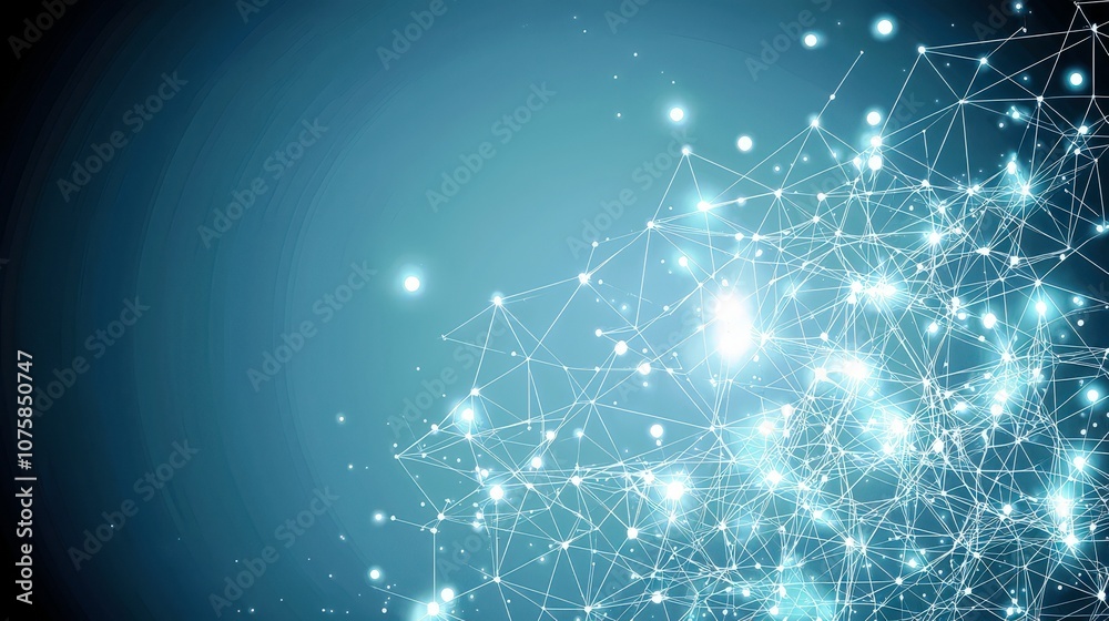 Poster futuristic abstract background of glowing connections and network nodes in a tech-inspired design wi