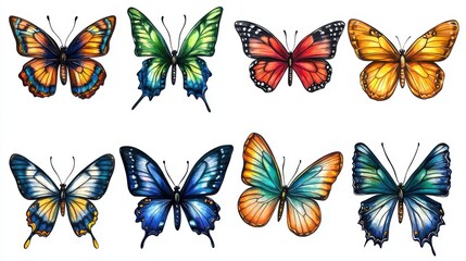 Colorful butterflies, stained glass style, watercolor clipart in the center on plain solid white background, high resolution, 8k, high quality, clean appearance