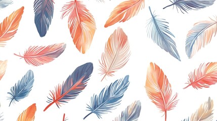 Fototapeta premium Elegant feather patterns wallpaper, featuring delicate and intricate designs of feathers in soft, flowing lines. The patterns are artfully arranged in a harmonious, repeating layout, creating a serene