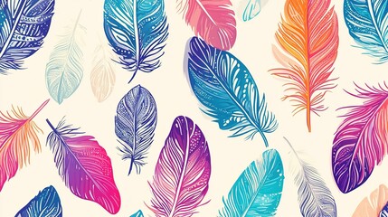 Elegant feather patterns wallpaper, featuring delicate and intricate designs of feathers in soft, flowing lines. The patterns are artfully arranged in a harmonious, repeating layout, creating a serene