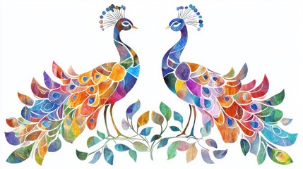 Fototapeta premium Colorful peacocks, stained glass style, watercolor clipart in the center on plain solid white background, high resolution, 8k, high quality, clean appearance