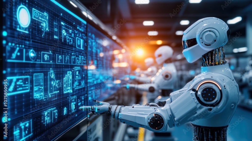Poster industrial robot working with hologram screen in factory. 3d rendering - generated ai