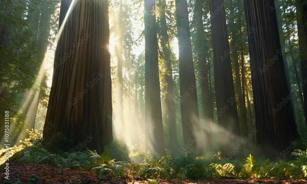 Poster Majestic Redwood Forest Illuminated by Soft Sunbeams with Towering Ancient Trees : Generative AI