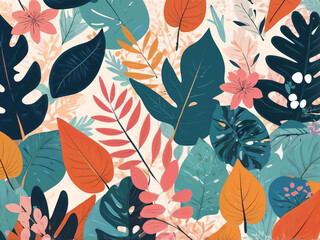Fototapeta premium Abstract illustration Background with color exotic leaves, flowers. Modern floral compositions with summer branches in trendy flat simple style