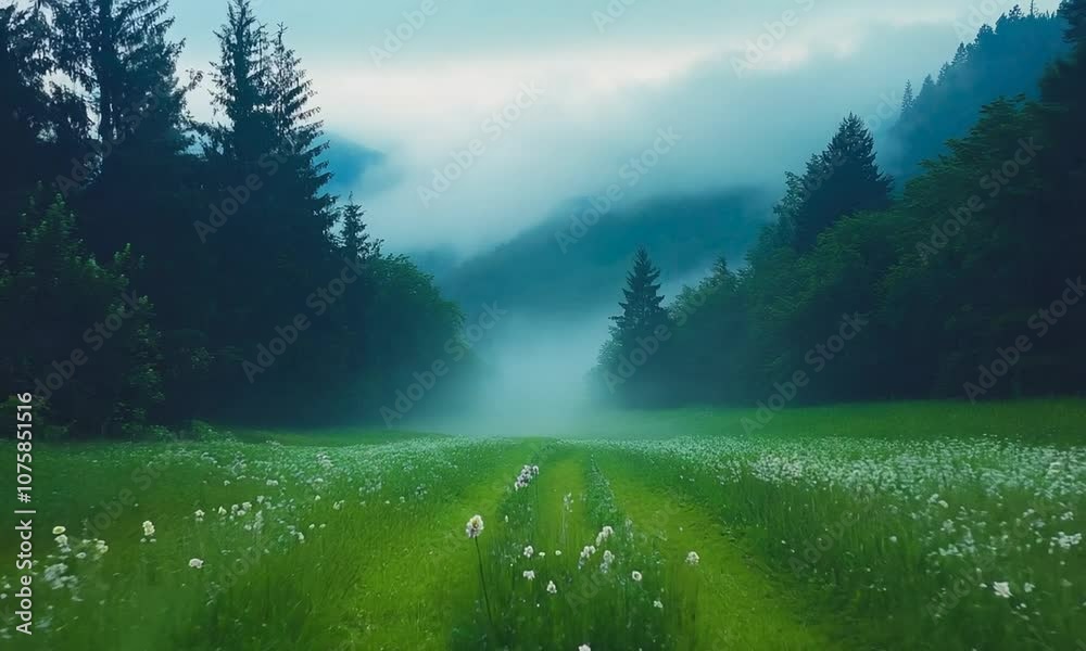 Poster mystical fog enveloping lush green meadow surrounded by pine forest hills : generative ai