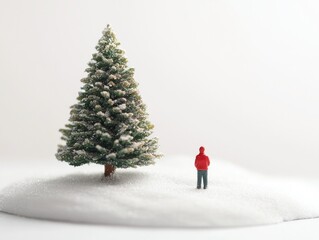 Christmas Tree in Snow with Lone Figure - Winter Solitude, Minimalist Christmas Outdoors