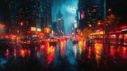 Fototapeta premium A vibrant city scene with rain-soaked streets and glowing lights.