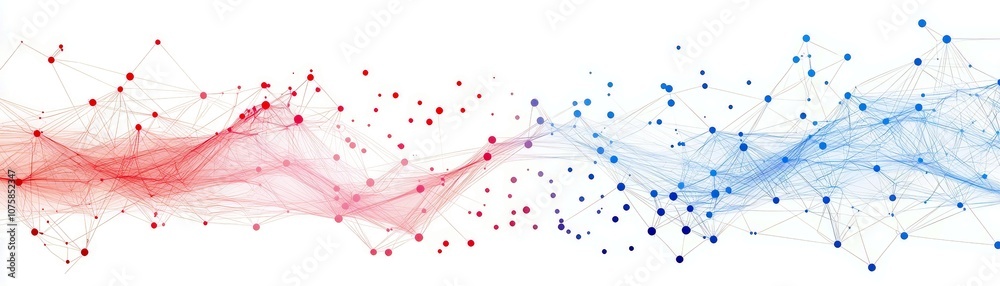 Poster abstract representation of a digital connection network, showcasing a dynamic flow of colorful nodes