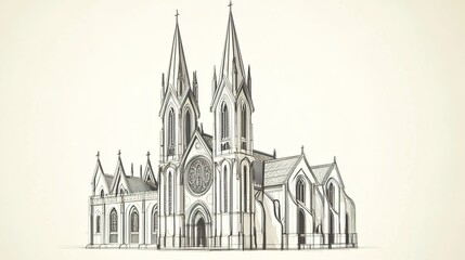 A detailed depiction of a Gothic-style church, featuring pointed arches, stained-glass windows, buttresses, and tall towers. The architectural design highlights the elegance and complexity