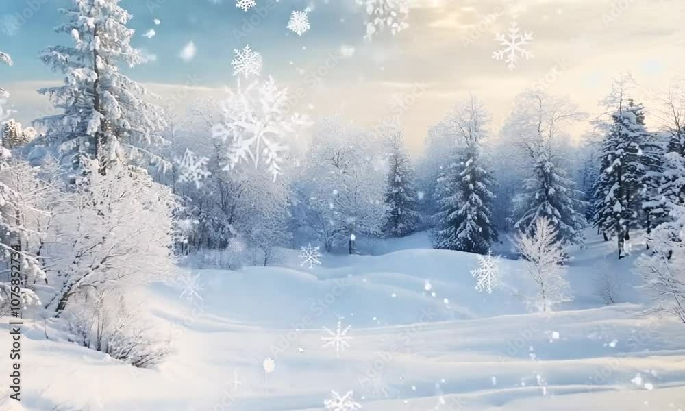 Poster enchanting winter wonderland with snowfall amidst tranquil evergreen forest : generative ai