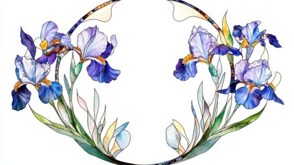 Stylized irises, stained glass style, watercolor clipart in the center on plain solid white background, high resolution, 8k, high quality, clean appearance