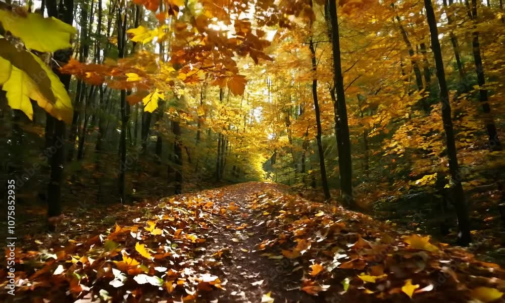 Poster autumn forest pathway covered in golden leaves creating a mystical nature scene : generative ai