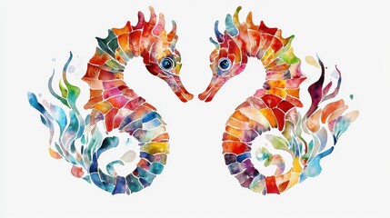 Whimsical seahorses, stained glass style, watercolor clipart in the center on plain solid white background, high resolution, 8k, high quality, clean appearance