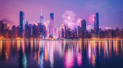 Obraz premium High-rise buildings of a metropolis lit up with fireworks in the background,