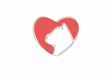 Single one line drawing a heart with cat's profile nestled within. The cat's gaze. Suggests a sense of contemplation or longing. National Love Your Pet Day. Continuous line design graphic illustration