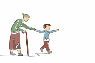 Single one line drawing a young boy with a kind smile offers his hand to elderly woman. Together, they step onto the crosswalk. Random Acts of Kindness Day. Continuous line design graphic illustration