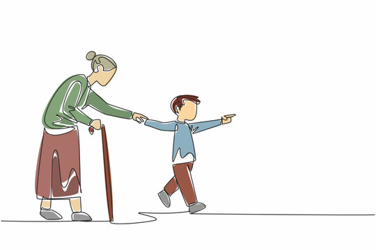 Single one line drawing a young boy with a kind smile offers his hand to elderly woman. Together, they step onto the crosswalk. Random Acts of Kindness Day. Continuous line design graphic illustration