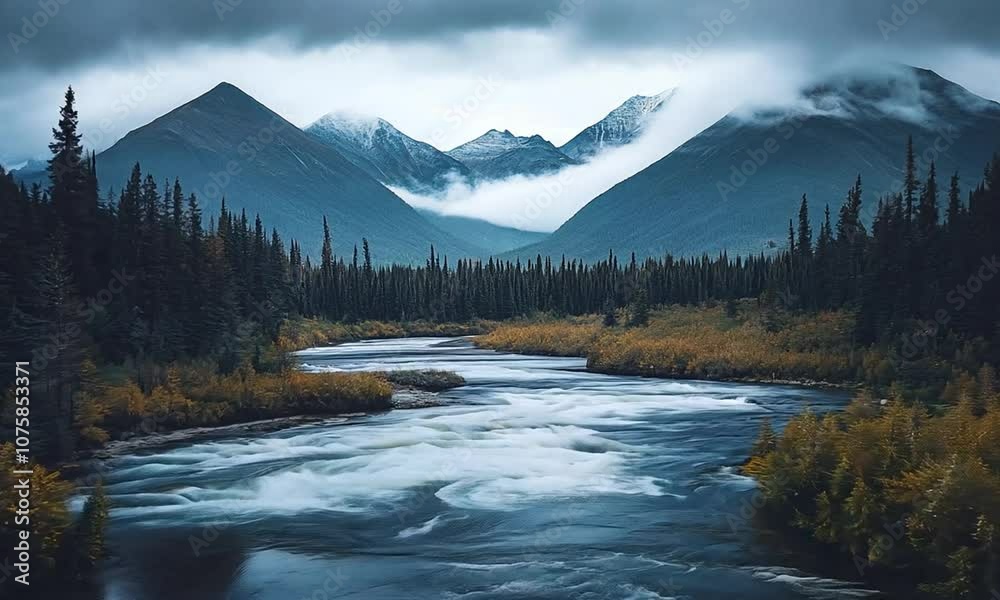 Poster serene river flowing through misty mountains and dense evergreen forest landscape : generative ai